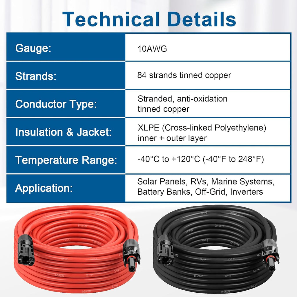 10AWG Solar Extension Cable 5FT – 2 Pack Red & Black PV Wire with Solar Connectors, 84-Strand Tinned Copper, Dual XLPE Insulated, Outdoor UV-Resistant Cable for RV, Inverter, Battery