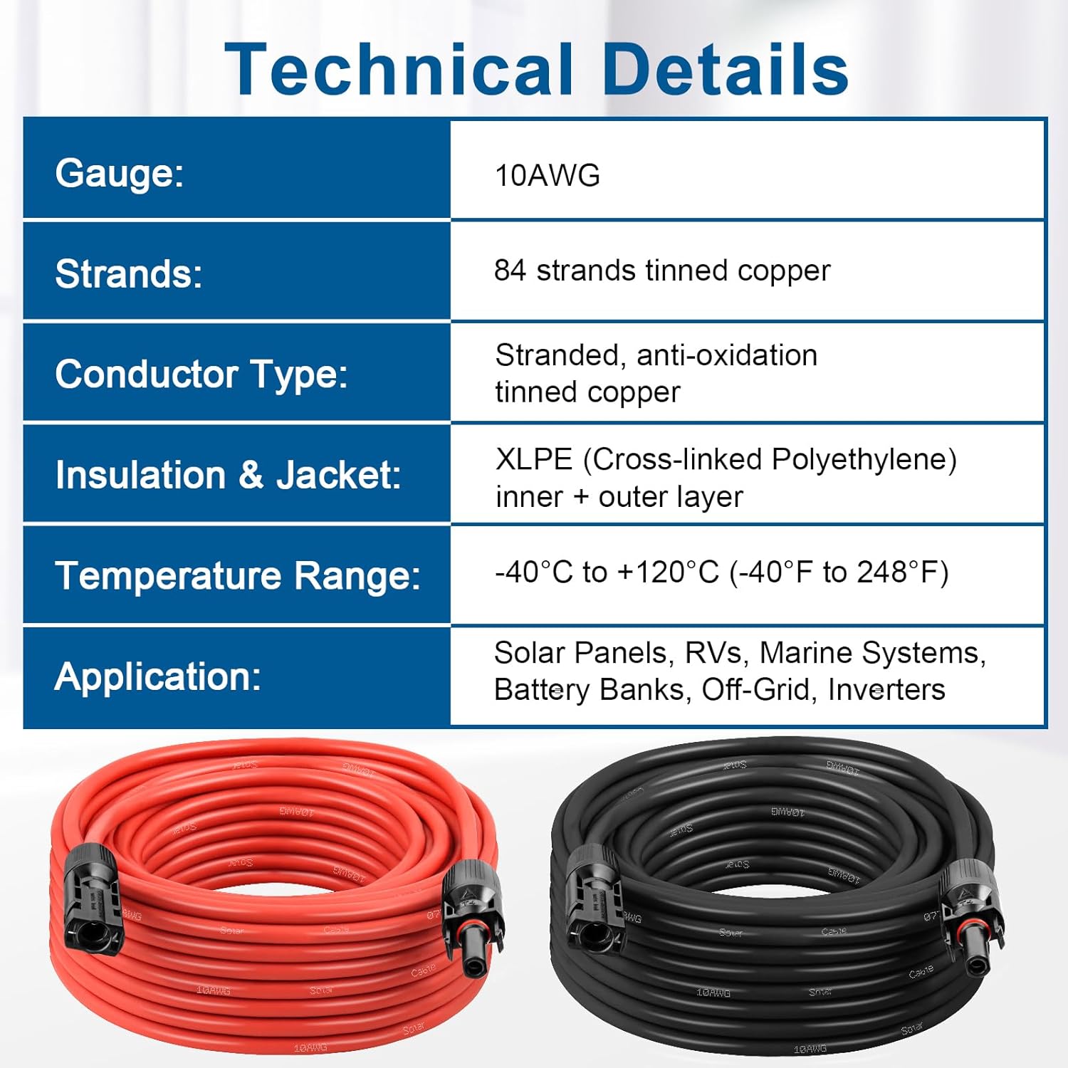 10AWG Solar Extension Cable 2FT – 2 Pack Red & Black PV Wire with Solar Connectors, 84-Strand Tinned Copper, Dual XLPE Insulated, Outdoor UV-Resistant Cable for RV, Inverter, Battery