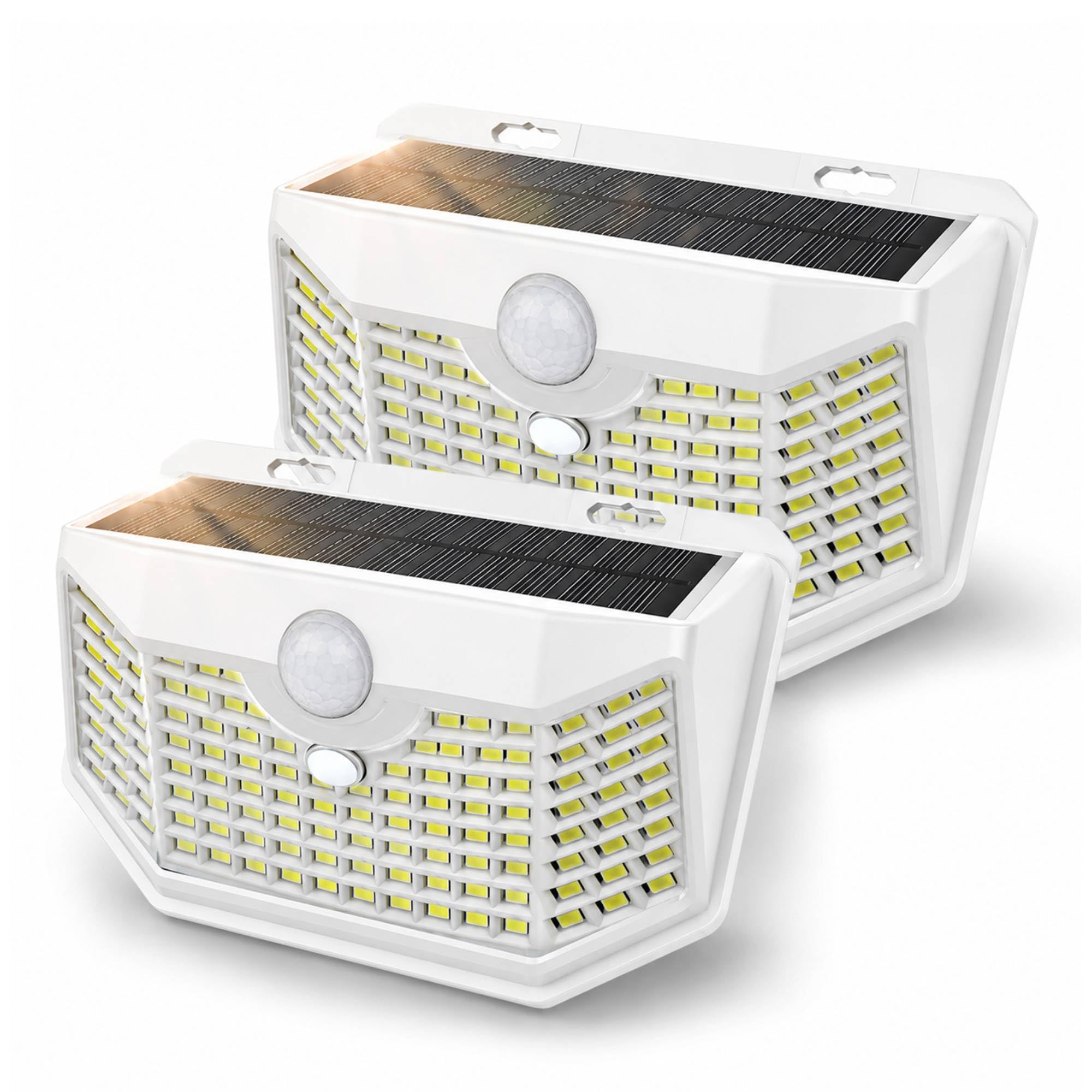 HMCITY Solar Lights Outdoor 120 LED with 3 Lighting Modes, Motion Sensor Wall Lights,IP65 Waterproof Solar Powered for Garden Patio Yard (Back Button 2Packs, Black Shell-Daylight White)