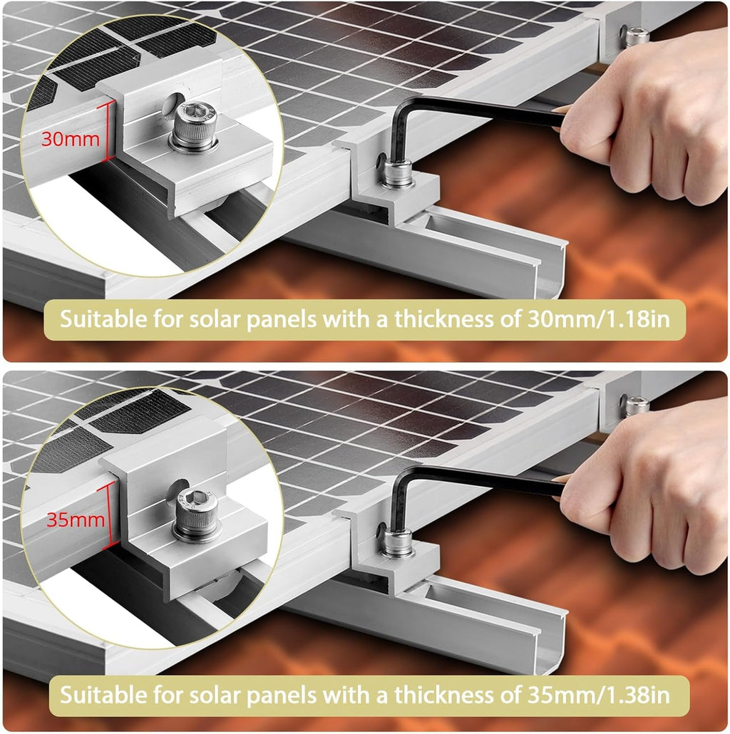Anbte Solar Panel Bracket Kit, 6 Pcs 7.87 in Aluminium Solar Panel Mounting Rail 30mm/35mm Solar Panel End Clamps, Solar Panel Brackets for Metal Roof, Tin Roof, Flat Roof, Sheet Roof, RV, Silver