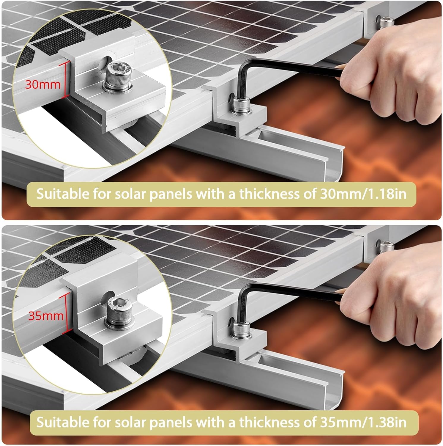 Anbte Solar Panel Bracket Kit, 6 Pcs 7.87 in Aluminium Solar Panel Mounting Rail 30mm/35mm Solar Panel End Clamps, Solar Panel Brackets for Metal Roof, Tin Roof, Flat Roof, Sheet Roof, RV, Silver