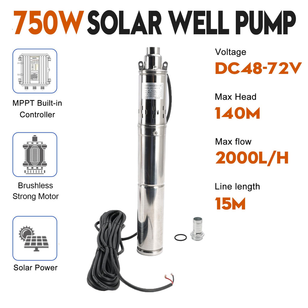 Areyourshop 3" 48V 750W MPPT Screw Solar Bore Pump Submersible Deep Well Maximum Head 140M 750W Deep Well Solar Pump with Strong Brushless Motor