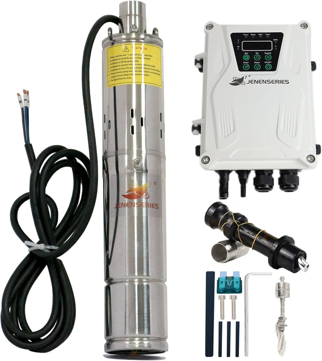 Pump 500W DC 48V Solar Water Pumps, Max head 393ft,7.9GPM Flow，3 inch Solar deep well submersible Pumps with MPPT controller float switch kits for home or farm Hover Image