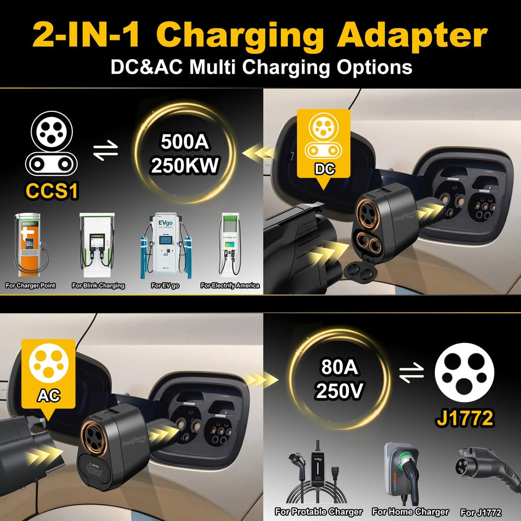 Upgraded 2in1 CCS1 & J1772 to NACS(Tesla) Adapter, Max 250KW 500A/AC Fast Charging/Level 1/2/3Chargers for Tesla Model 3/Y/S/X/Cybertruck,Works with Electrify America/ChargePoint/EVgo