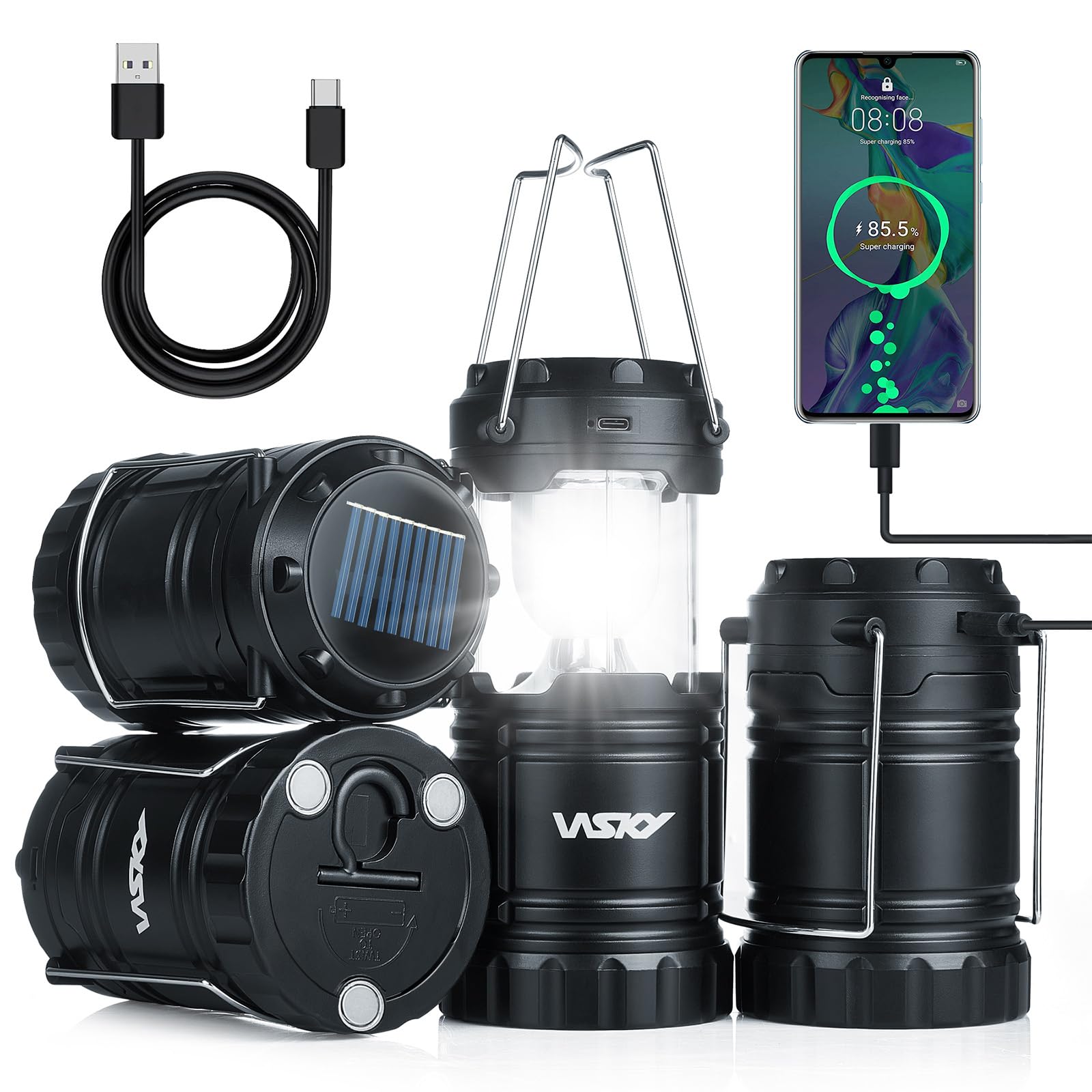 Wsky Solar Camping Lantern 4-Pack - Rechargeable LED Lights, Magnetic Base & Foldable Hanging Hook- Collapsible Lamp Battery Powered Perfect for Power Outages, Hiking, Campsites, Emergencies