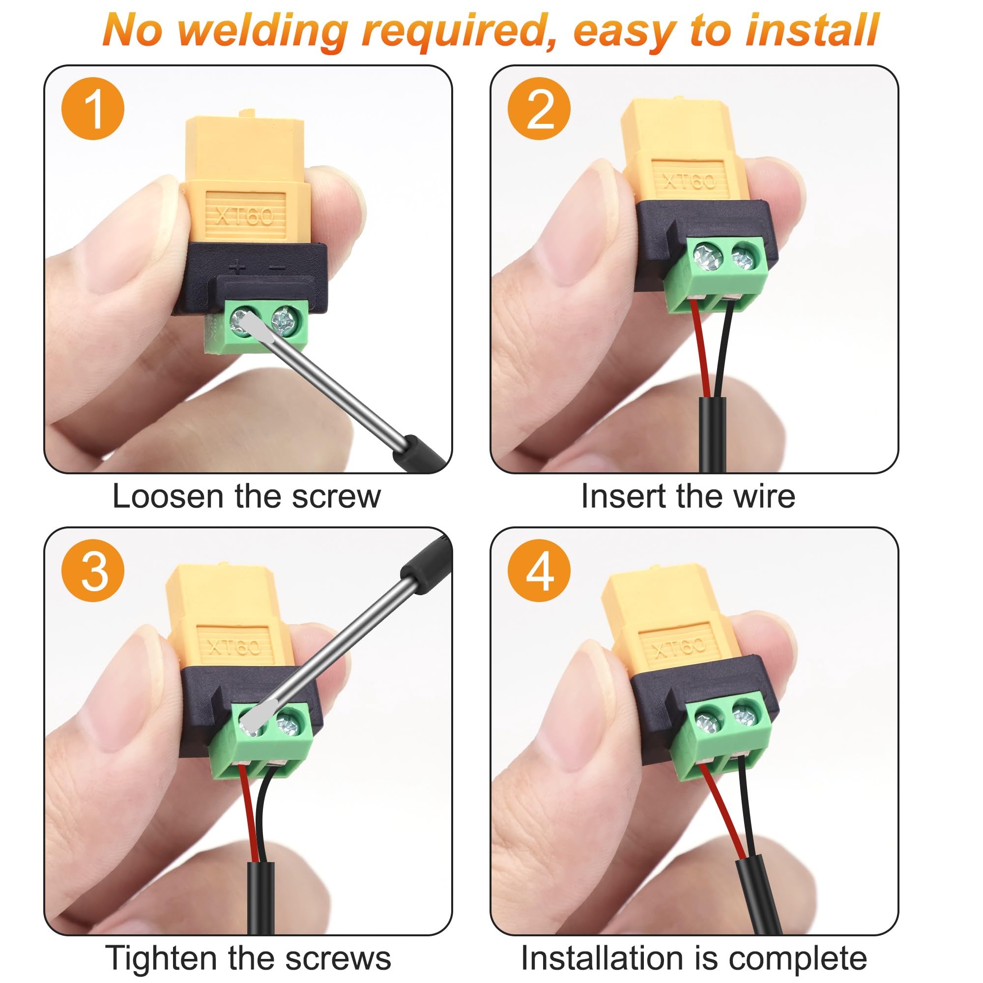MEIRIYFA XT60 Solderless Connector Female to 2Pin Screw Terminal Adapter for Solar Panel、Portable Power Station,Unmanned Aerial Vehicles, Model Aircraft Plug 4Pcs