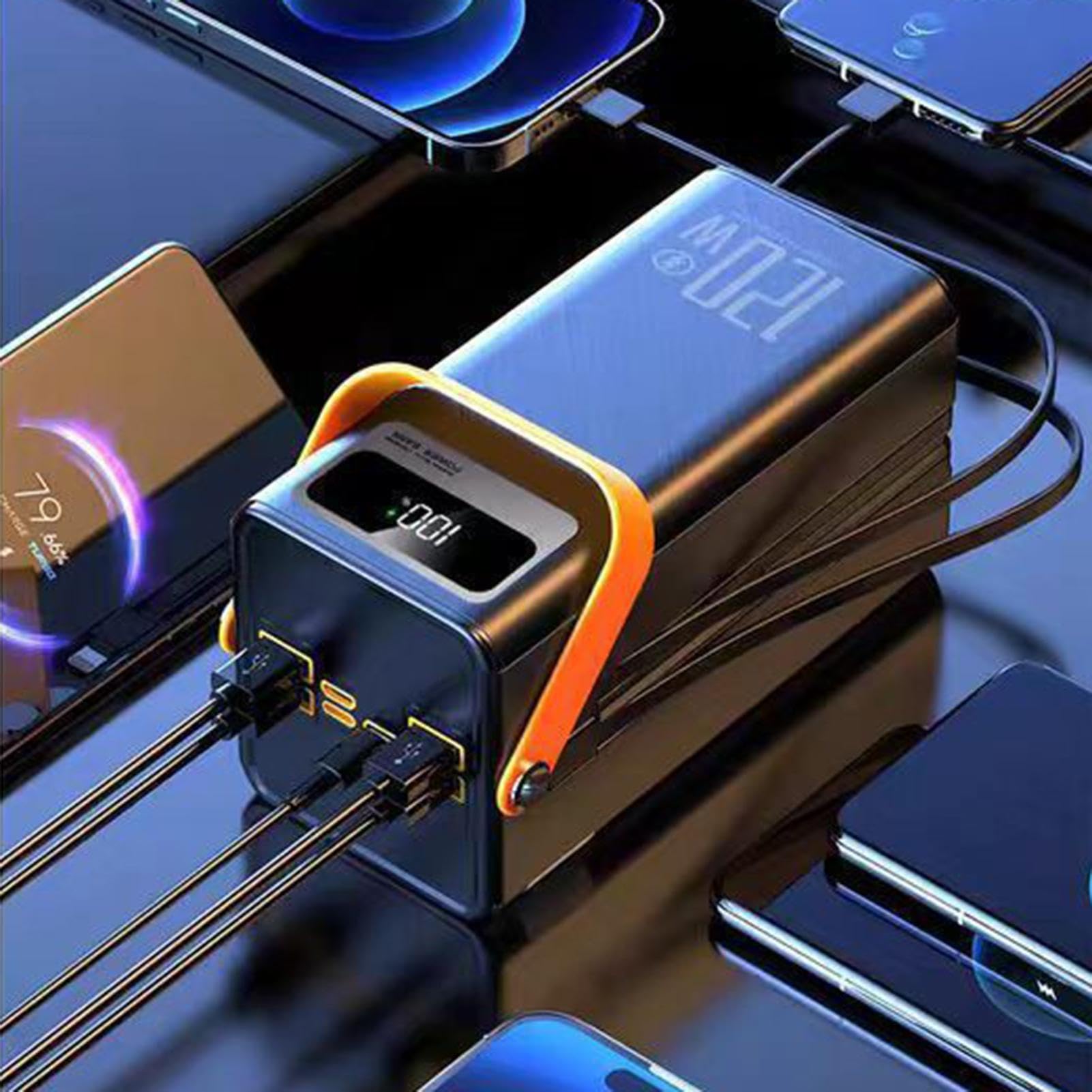 Solar Portable Charger, 120w Power Bank, Fast Charge with Built‑in Cables, Survival Gear with Led Light, Outdoor Accessory, High Capacity 50000mah Device for Camping Fishing Backpacking Road Trip