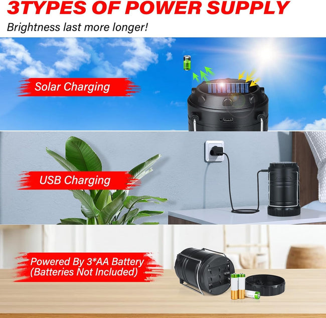 Xynover 4-Pack Solar Camping Lanterns,Rechargeable LED with USB/Solar/AA Battery,Magnetic Base,Hanging Hook,Collapsible, Waterproof for Emergency, Hiking,Hurricane,Campsites,Lanterns for Power Outages Main Image