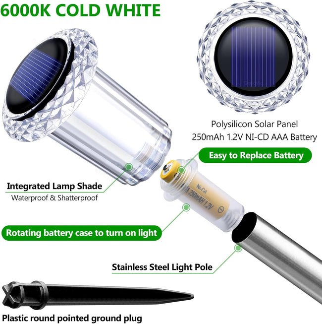 DenicMic Solar Lights Outdoor 10 Pack Waterproof 6000K Cold White LED Stainless Steel Stake Outside Lights for Yard Pathway Garden Driveway Walkway Landscape Path Lighting Main Image