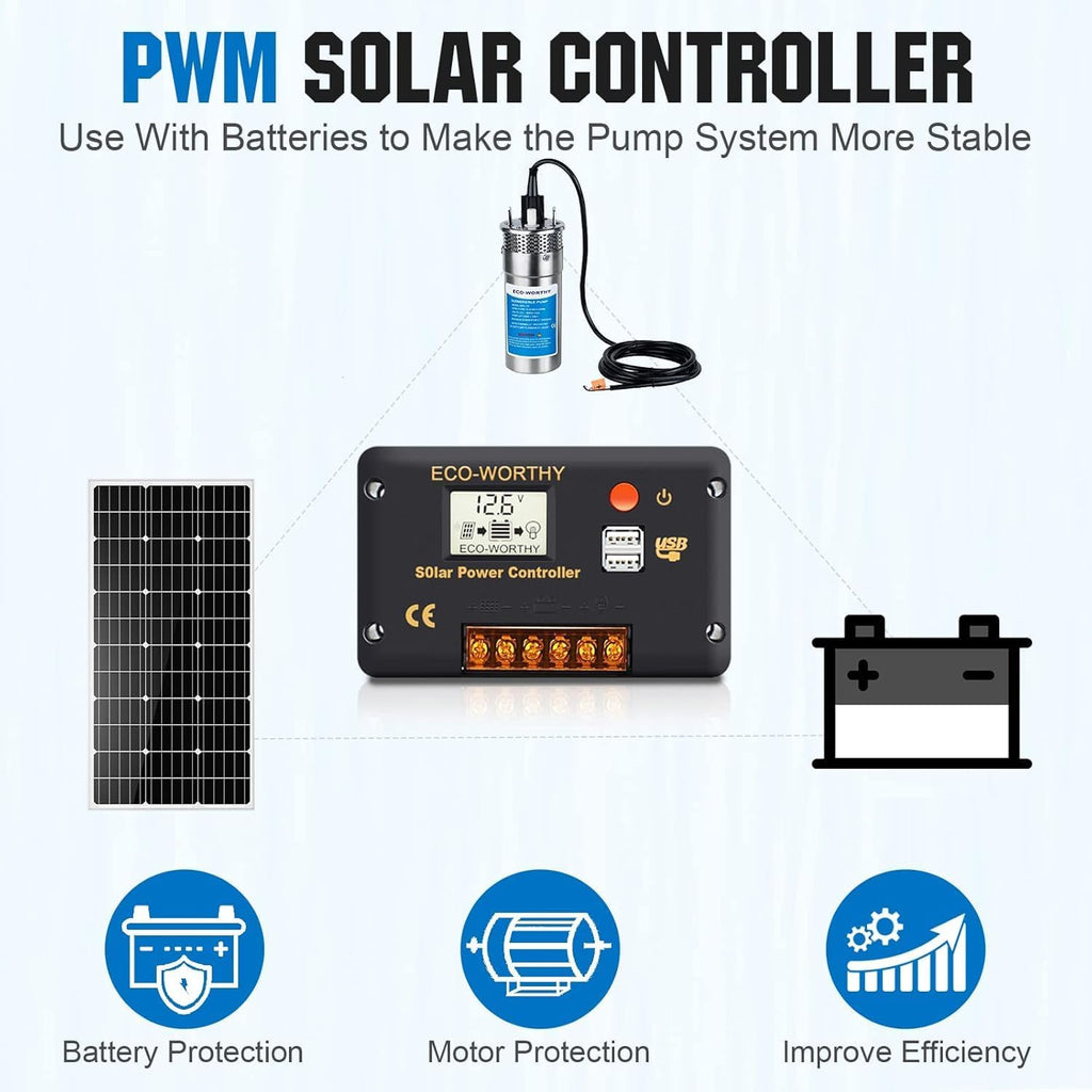 ECO-WORTHY 400W Solar Well Pump Kit, 24V Stainless Steel Deep Well Solar Pump System with 30 Lithium Battery, Controller and Cable for Garden, Tank, Farm, Delivered in Multiple Packages