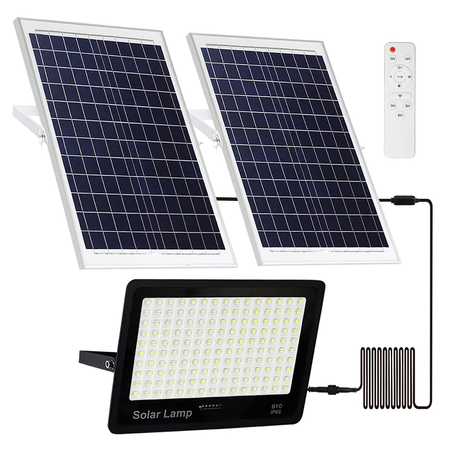 2 Pack 100W LED Solar Flood Lights Outdoor with Remote,Dusk to Dawn Solar Security Street Light Waterproof IP67 for Fence,Garden,Pool,Barn,Lawn,Flag Pole White