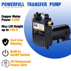 TOPWAY 1/2HP 1560GPH Portable Cast Iron High Pressure Utility Transfer Water Pump with Built-in On/Off Switch,Hose connectors & Suction Strainer.