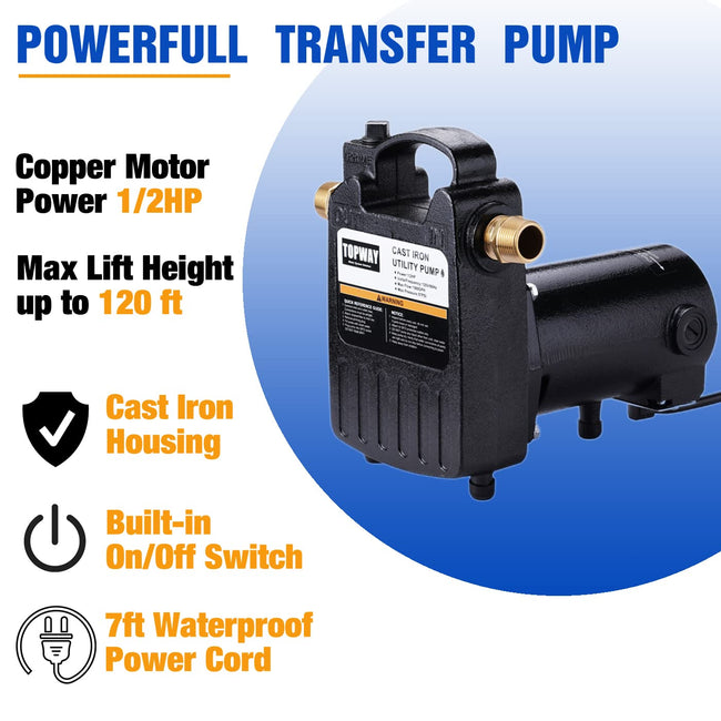 TOPWAY 1/2HP 1560GPH Portable Cast Iron High Pressure Utility Transfer Water Pump with Built-in On/Off Switch,Hose connectors & Suction Strainer. Main Image