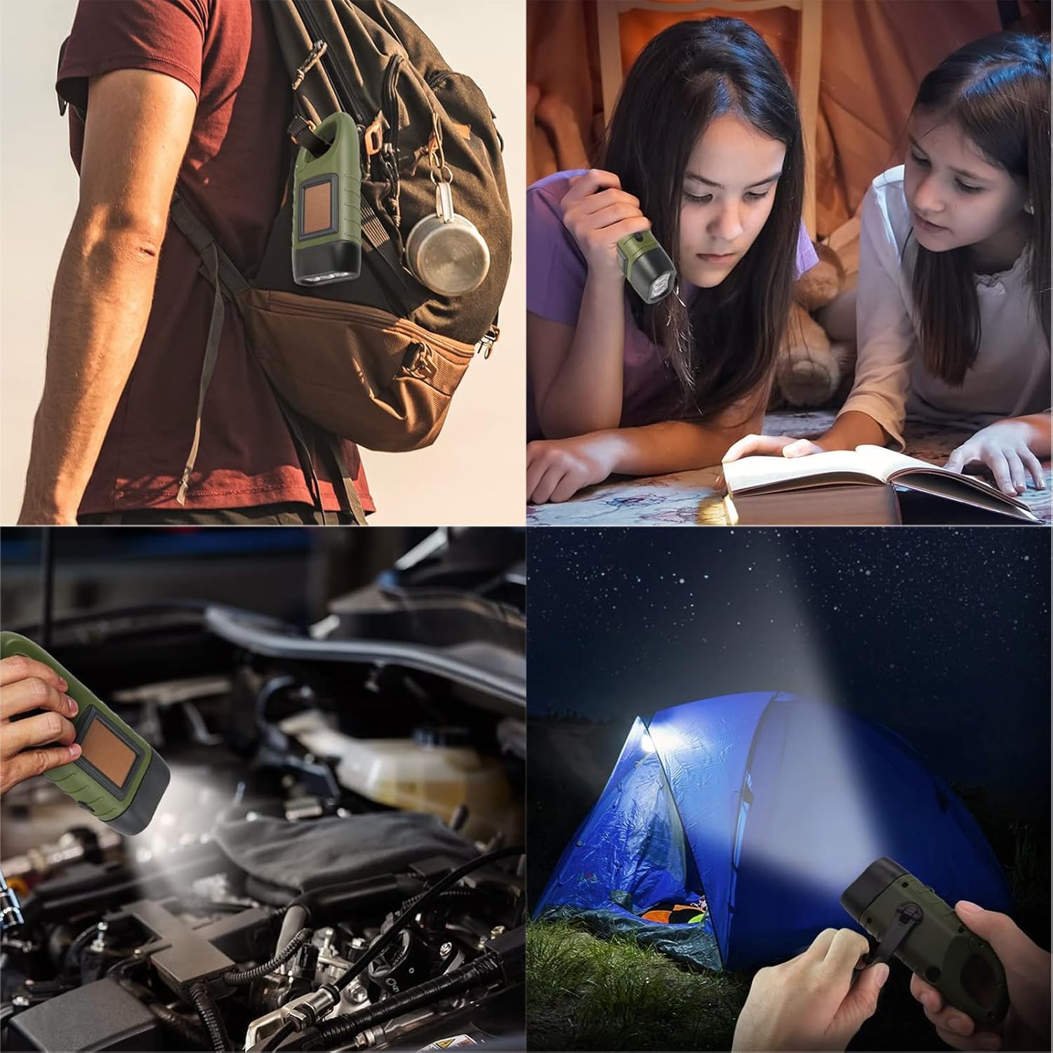 EKNBKE Hand Crank Solar LED Emergency Flashlight, Portable Mini Handheld Survival Light with USB Output for Camping Outdoor Hiking, Green