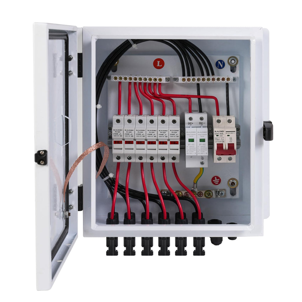 Elnuimex 6 String Metal Solar Combiner Box, PV Combiner Box with 20A Rated Current Fuse, Surge Protective Device & 63A Air Circuit Breaker (6 String)