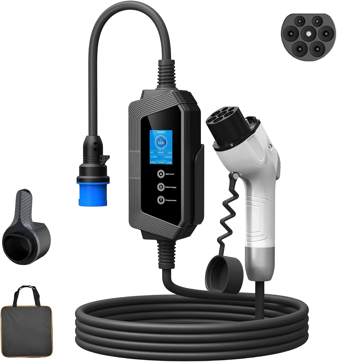 GB/T Portable EV Charger, 8-32amp Adjustable, 7kW Single Phase, 85-264V, Plug and Play, 5m(16.4ft)