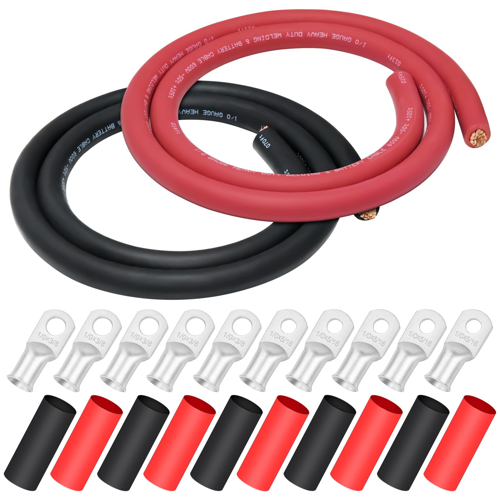 iGreely 4 AWG Gauge Wire Pure Copper Welding Battery Cable for Vehicle Solar,10Ft Black+10Ft Red Flexible OFC Cables with 5pcs of 5/16" & 5pcs 3/8" Copper Lug Terminal Connector Heat Shrink Tubing