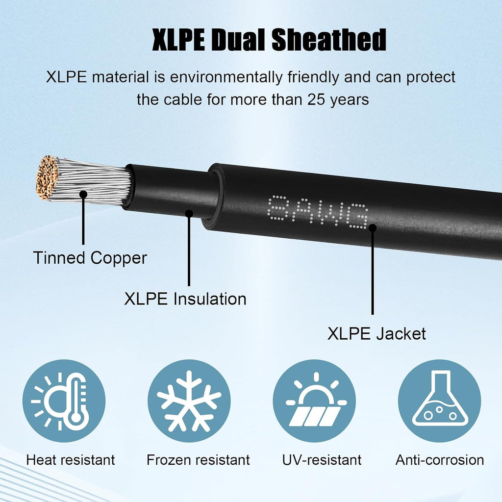 8 AWG Solar Extension Cable 50FT Black + 50FT Red, 8 Gauge Solar Panel Wire Male to Female Tinned Copper Wire for Solar Panel, Automotive, RV, Boat, Outdoors