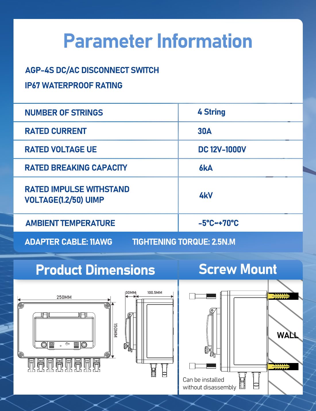 DIHOOL Solar Panel Disconnect Switch 4 String 30 Amp DC Circuit Breaker Box 4 in 4 Out Solar Combiner Box