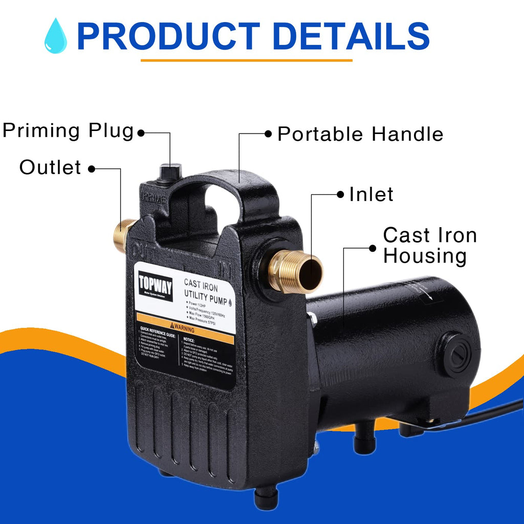 TOPWAY 1/2HP 1560GPH Portable Cast Iron High Pressure Utility Transfer Water Pump with Built-in On/Off Switch,Hose connectors & Suction Strainer.