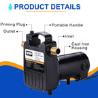 TOPWAY 1/2HP 1560GPH Portable Cast Iron High Pressure Utility Transfer Water Pump with Built-in On/Off Switch,Hose connectors & Suction Strainer.
