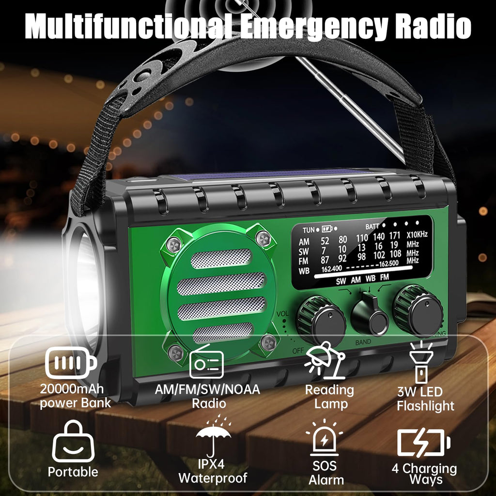 Aivica 20000mah Emergency Radio, SW/NOAA/AM/FM Weather Radio, Solar Powered Hand Crank Chager with Bige Batery Powered,Portable,Cellphone Charge,SOS,Flashlight for Emergency/Home
