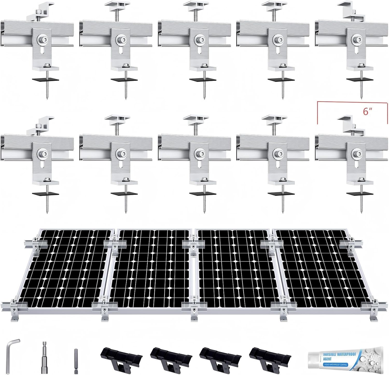 Solar Panel Mounting Bracket Kit, 10Pcs Upgraded Longer Stronger 6 inch Rails Solar Panel Mount for 1-4pcs Thickness 1.4” Solar Panels, w/ Water Drain Clips for Shingle,Slate,Metal and Tin roof