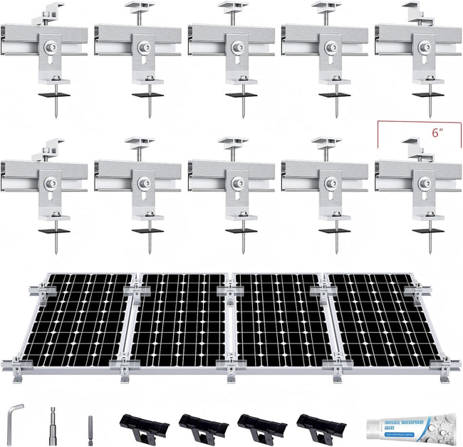Solar Panel Mounting Bracket Kit, 10Pcs Upgraded Longer Stronger 6 inch Rails Solar Panel Mount for 1-4pcs Thickness 1.4” Solar Panels, w/ Water Drain Clips for Shingle,Slate,Metal and Tin roof Hover Image