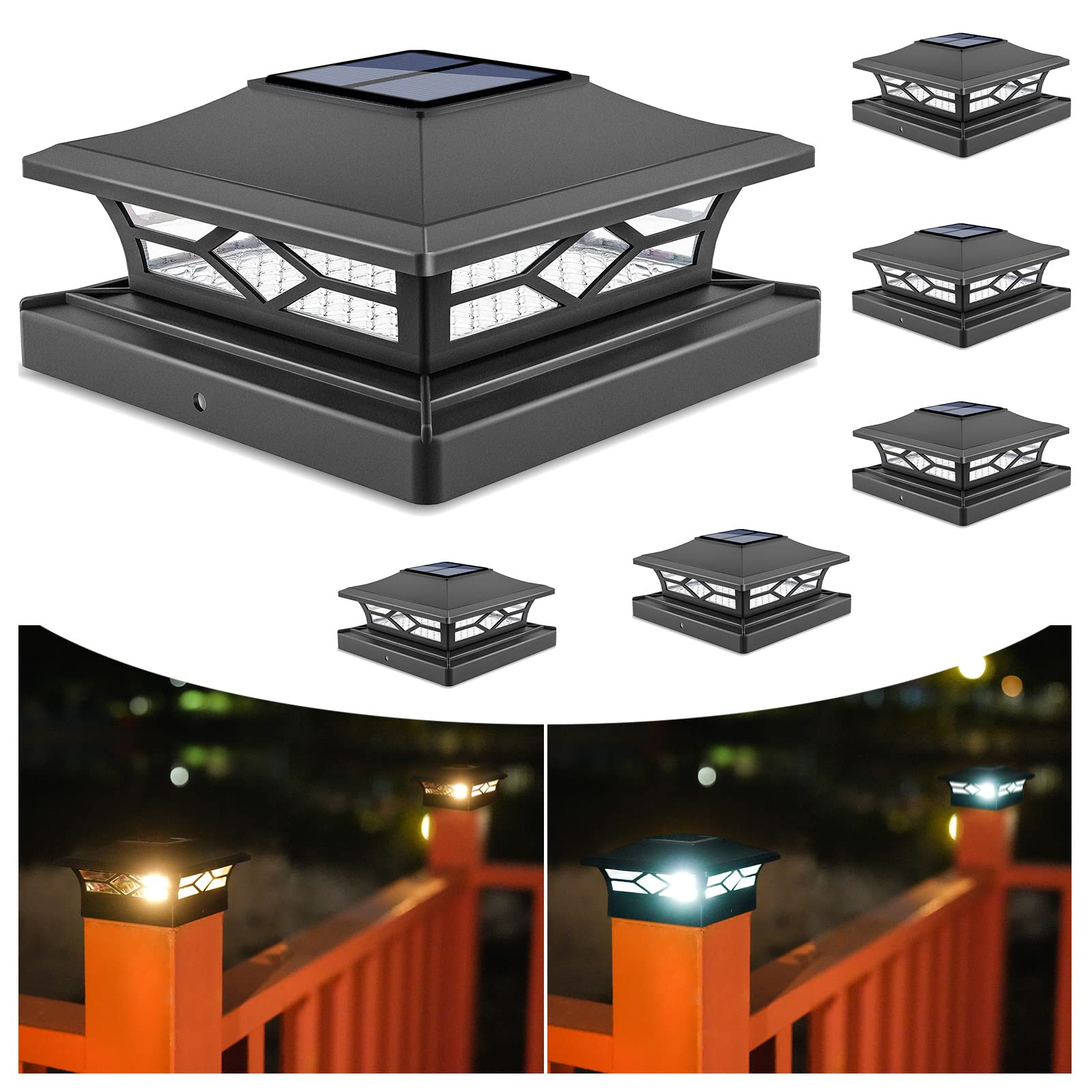 VOLISUN Solar Post Cap Lights: 8 - Pack Outdoor Deck Post Cap Lights White for Dock Fence Waterproof 2 Color Modes,4x4/6x6 Wooden/Vinyl Posts