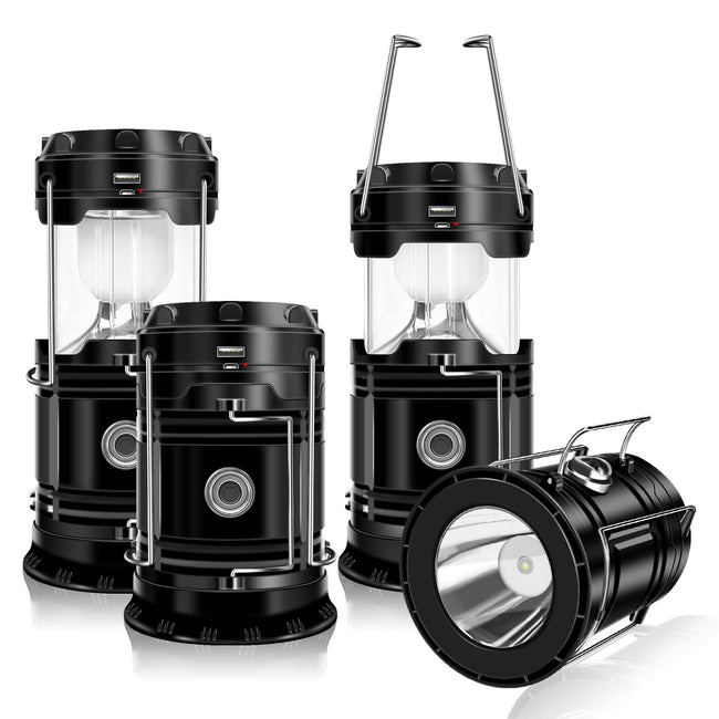 DIBMS 4-Pack Solar Camping Lantern, Collapsible LED Solar USB Rechargeable Lantern Flashlight Emergency Hanging Lights for Camping Hurricanes Power Outages Indoor Outdoor Hover Image