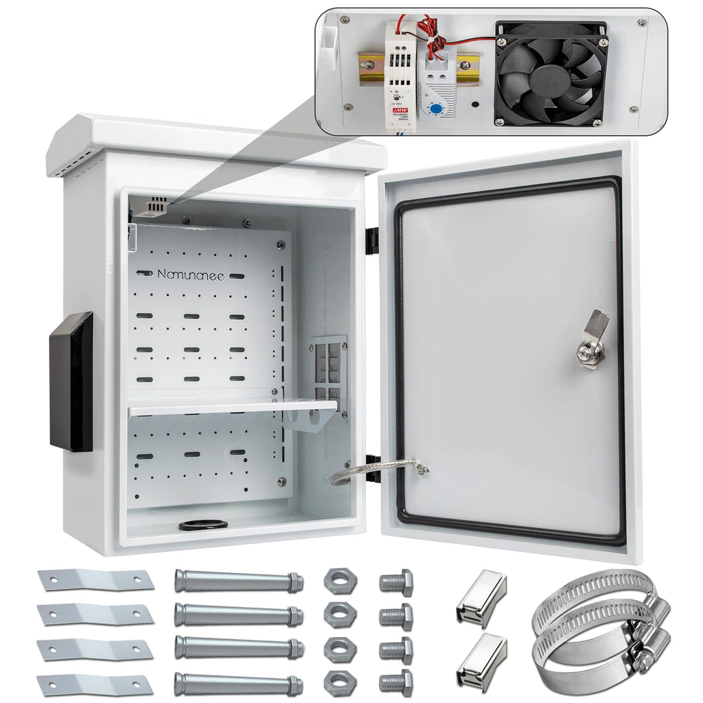 Outdoor Electrical Box with Thermostat and Fan, Cold-Rolled Steel Plate, Aluminum Alloy Back Beam, One-Piece Ventilation Design, IP65 Waterproof, Wall/Pole Mounted. (17.8" x 14" x 7.9")