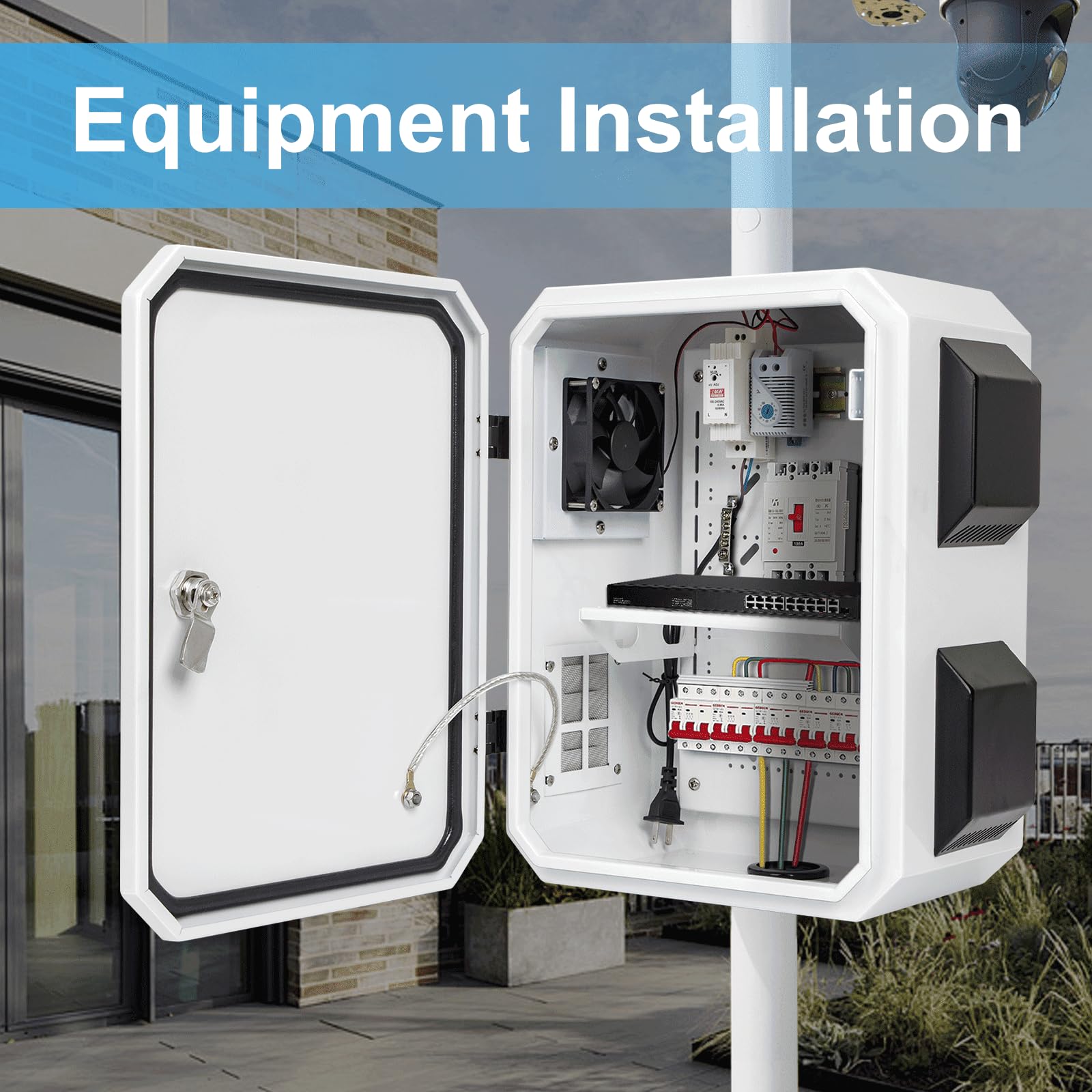Outdoor Electrical Box with Thermostat and Fan, Cold-Rolled Steel Plate, Aluminum Alloy Back Beam, One-Piece Ventilation Design, IP65 Waterproof, Wall/Pole Mounted. (15.7" x 11.8" x 7.9")