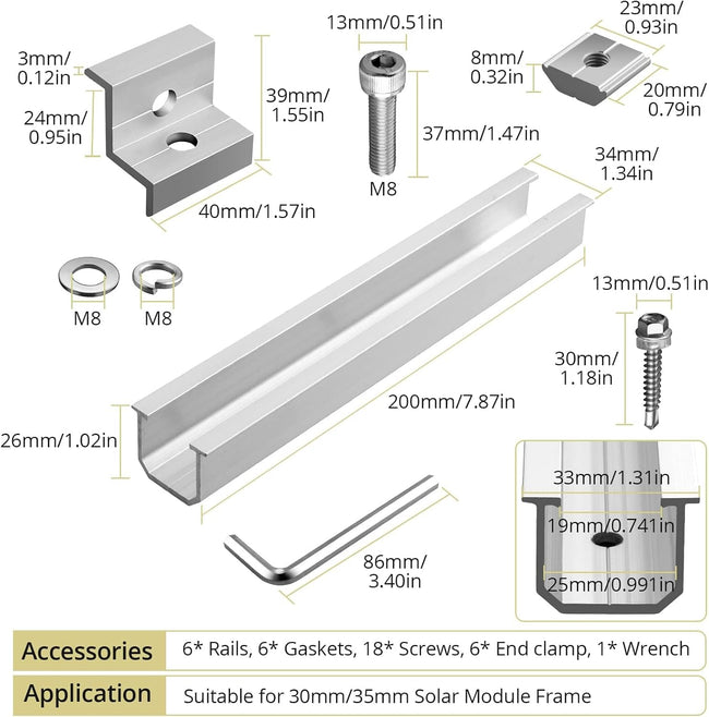 Anbte Solar Panel Bracket Kit, 6 Pcs 7.87 in Aluminium Solar Panel Mounting Rail 30mm/35mm Solar Panel End Clamps, Solar Panel Brackets for Metal Roof, Tin Roof, Flat Roof, Sheet Roof, RV, Silver Main Image