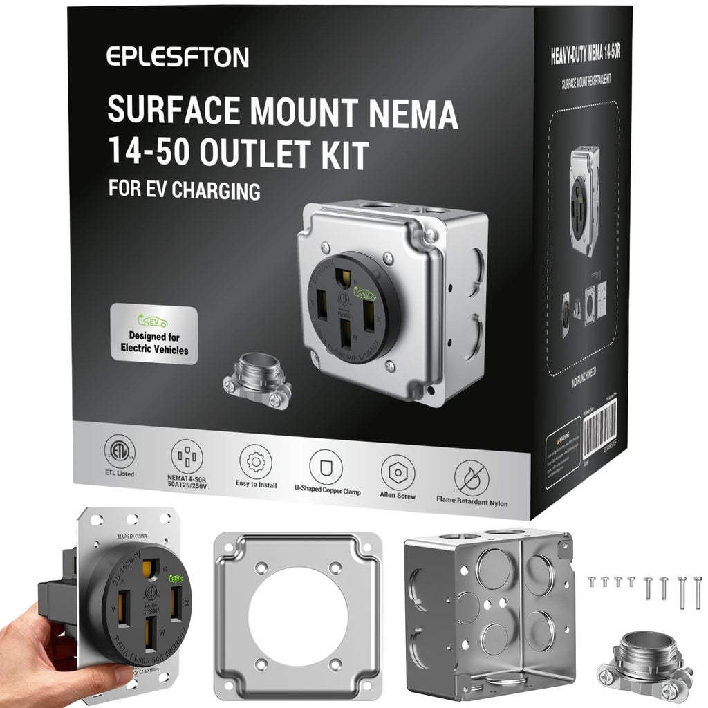Nema 14-50 EV Outlet with Surface Mount Box Kit, Weather Resistant 50 amp EV Charging Straight Blade Device Receptacle, 3-Pole 4-Wire Grounding, 50A 125/250V,ETL Listed,Black