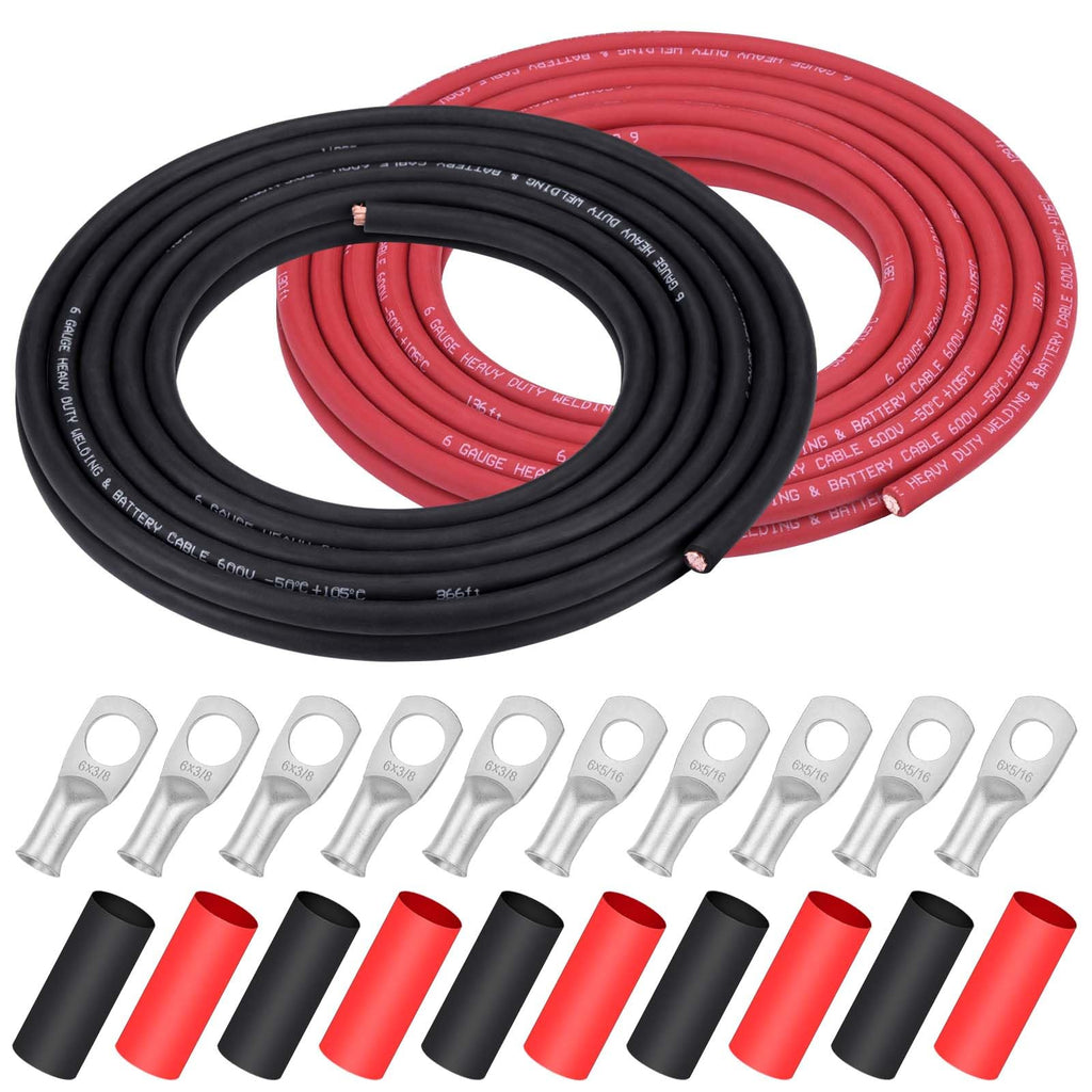 iGreely 4 AWG Gauge Wire Pure Copper Welding Battery Cable for Vehicle Solar,10Ft Black+10Ft Red Flexible OFC Cables with 5pcs of 5/16" & 5pcs 3/8" Copper Lug Terminal Connector Heat Shrink Tubing