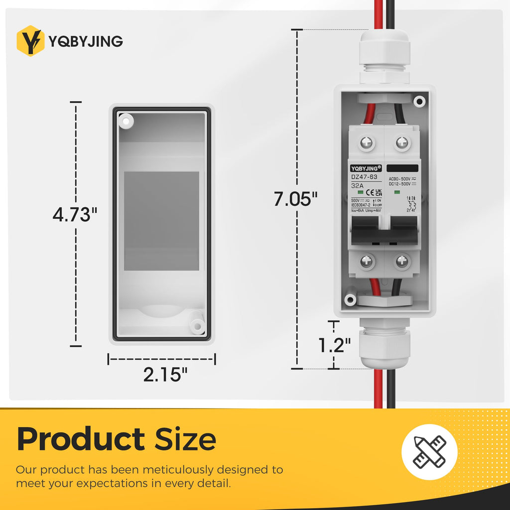 YQBYJING Solar Panel Disconnect Switch 32Amp DC AC Miniature Circuit Breaker 500V 2 Poles with PV Connector and IP65 Waterproof UV-Proof Box for Outdoor Solar PV Homes Battery