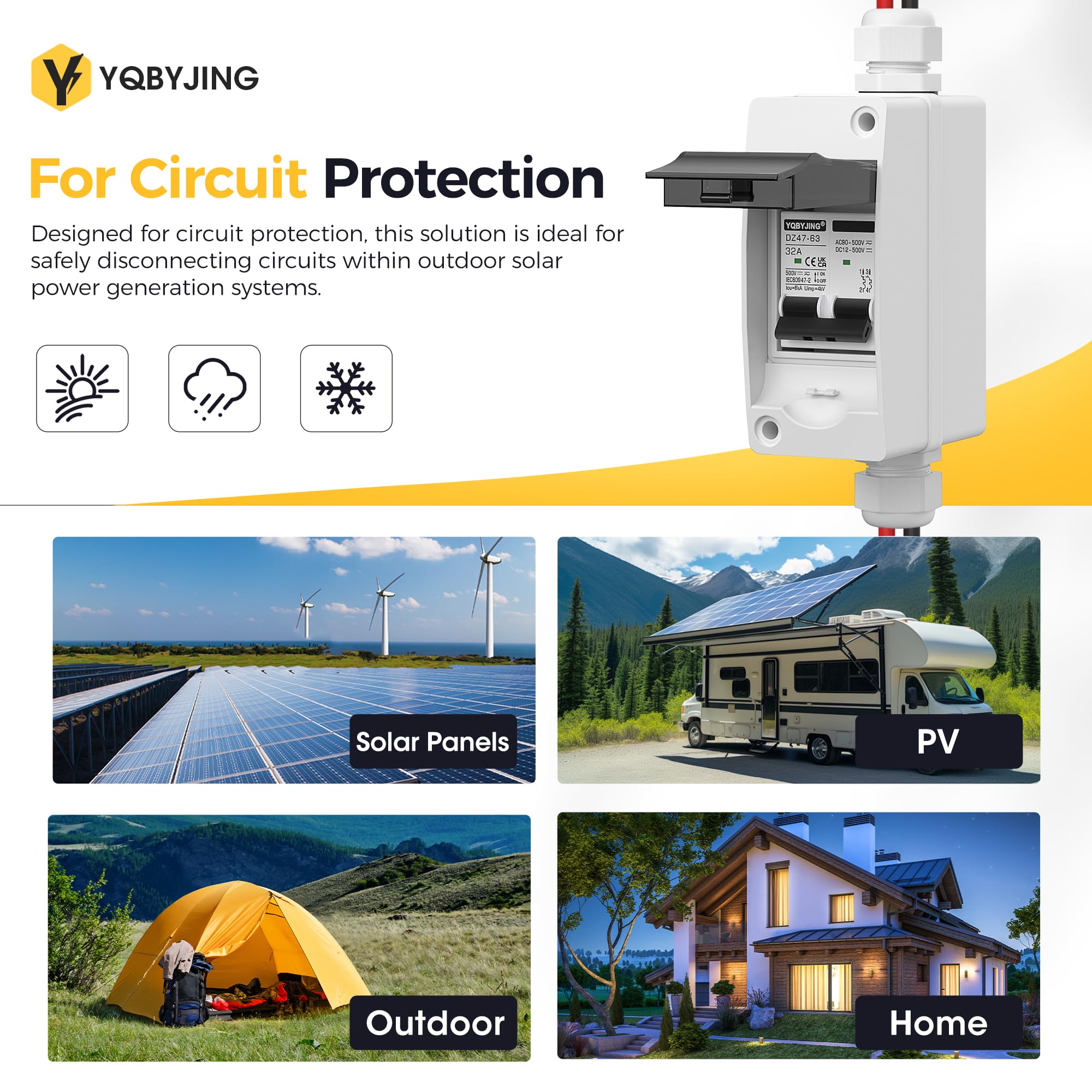 YQBYJING Solar Panel Disconnect Switch 32Amp DC AC Miniature Circuit Breaker 500V 2 Poles with PV Connector and IP65 Waterproof UV-Proof Box for Outdoor Solar PV Homes Battery