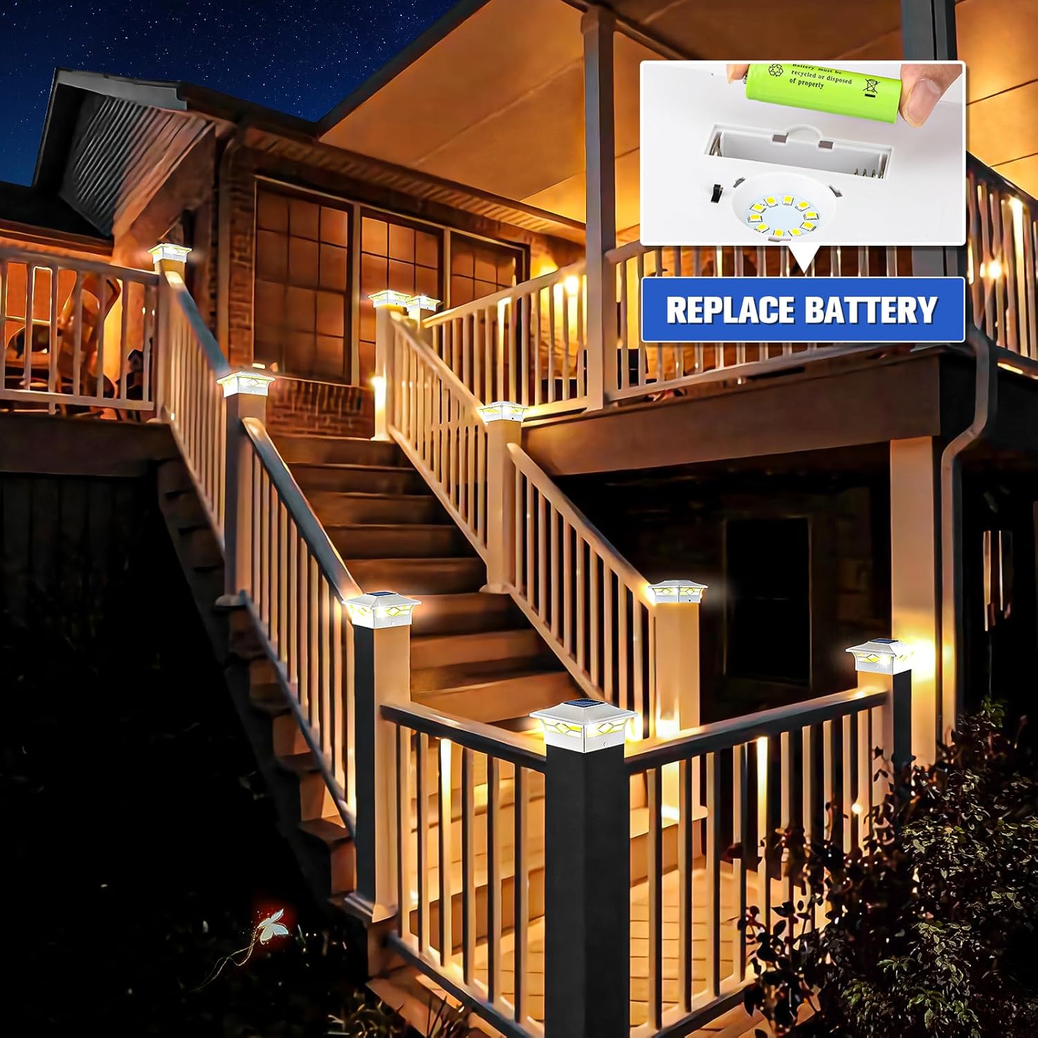 VOLISUN Solar Post Cap Lights: 8 - Pack Outdoor Deck Post Cap Lights White for Dock Fence Waterproof 2 Color Modes,4x4/6x6 Wooden/Vinyl Posts