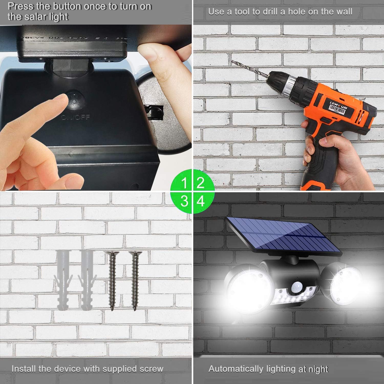 Solar Lights Outdoor, Motion Sensor Security Lights Solar Wall Lights with Dual Head Spotlights LED Waterproof 360° Adjustable Solar Motion Lights Outdoor for Garden Garage Patio, 1 Pack