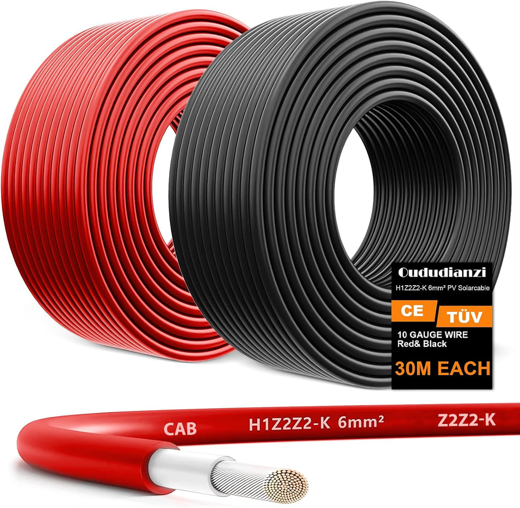 Oududianzi 2x100 Feet Solar Panel Wire, 10AWG Solar Wire Tinned Copper PV Cable for Outdoor Automotive RV Solar Panels Boat Marine