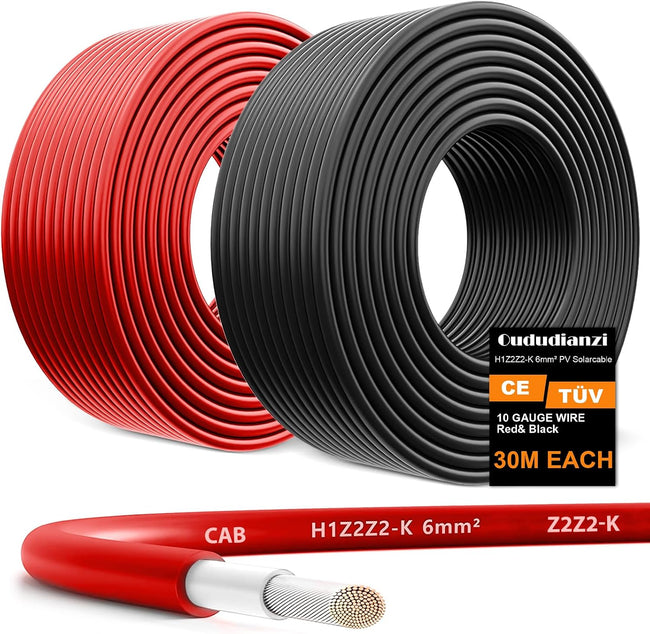 Oududianzi 2x100 Feet Solar Panel Wire, 10AWG Solar Wire Tinned Copper PV Cable for Outdoor Automotive RV Solar Panels Boat Marine Hover Image