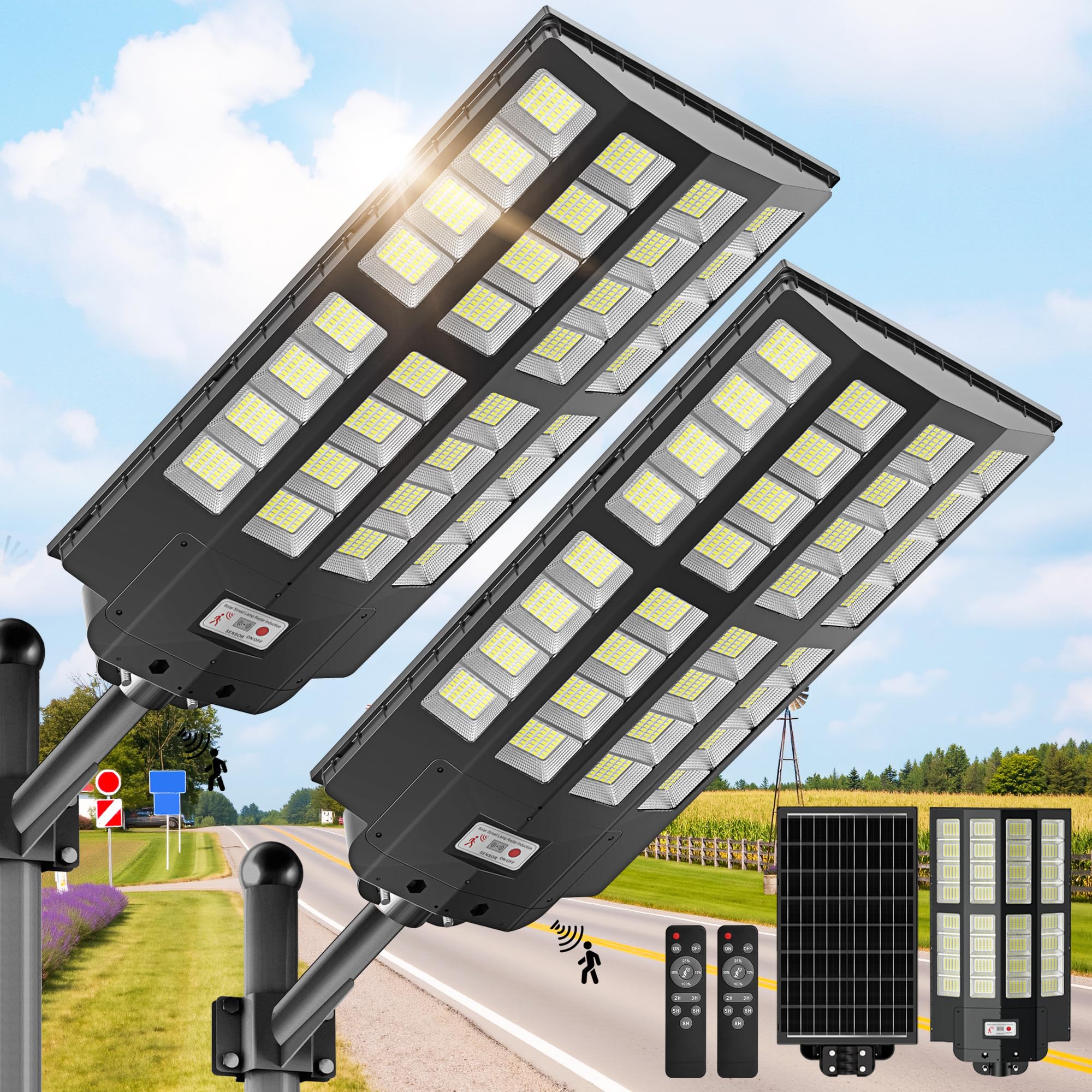 WYWNA 15000W Solar Street Lights Outdoor - Wide Angle Solar Lights Outdoor Motion Sensor, Commercial Parking Lot Light Dusk to Dawn, 7000K LED Street Light Heavy Duty IP66 Waterproof 2-Pack