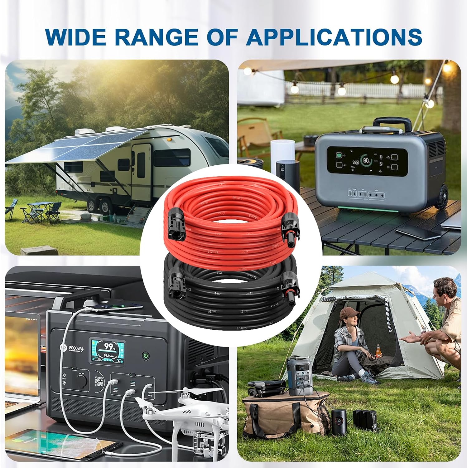 10AWG Solar Extension Cable 5FT – 2 Pack Red & Black PV Wire with Solar Connectors, 84-Strand Tinned Copper, Dual XLPE Insulated, Outdoor UV-Resistant Cable for RV, Inverter, Battery
