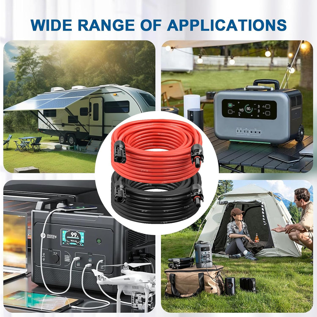 10AWG Solar Extension Cable 2FT – 2 Pack Red & Black PV Wire with Solar Connectors, 84-Strand Tinned Copper, Dual XLPE Insulated, Outdoor UV-Resistant Cable for RV, Inverter, Battery