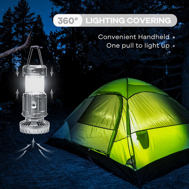 SZJIEIFR Solar Camping Lantern with Fan & Phone Charger, Portable Rechargeable Power for Hurricanes, Emergency, Power Outage and Camping Gear, Silver Main Image