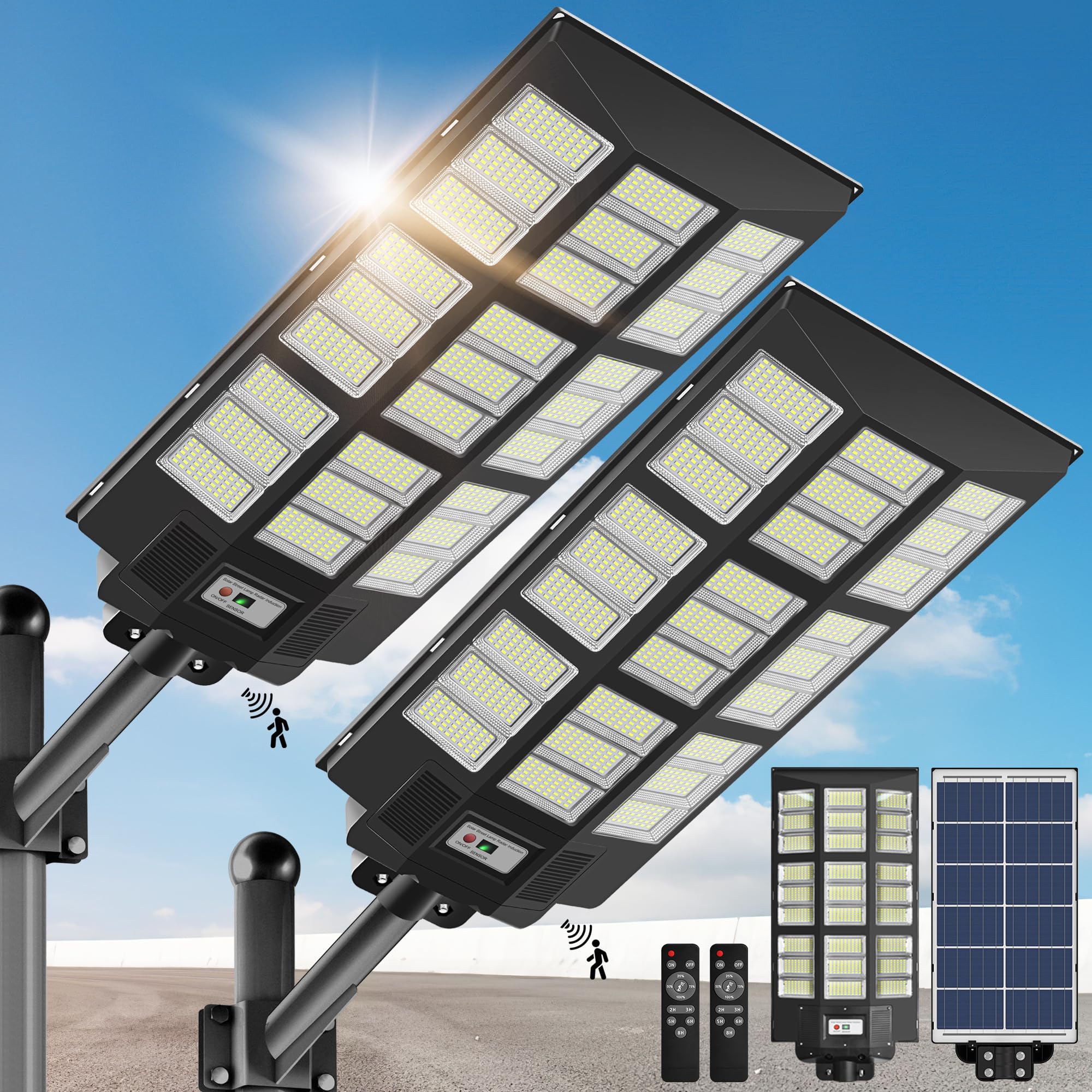 OKPRO 10000W Solar Street Lights Outdoor, IP66 Waterproof Solar Lights Outdoor with Motion Sensor & Remote, Dusk to Dawn Commercial Security Lighting for Parking Lot, Yard, Farm, Driveway