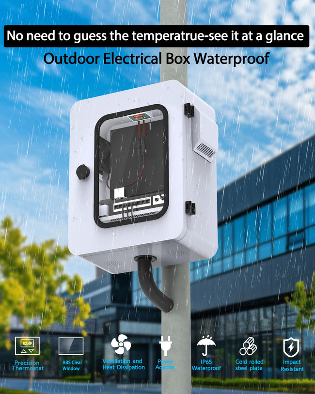 Akwscyby Outdoor Electrical Box with Clear Window and Thermostat and Fan, Precise Temperature Control 0.1°F, IP65 Water Resistant Rating, Galvanized Steel, Aluminum Rear Beam(17.7" x 13.8" x 7.9") Main Image