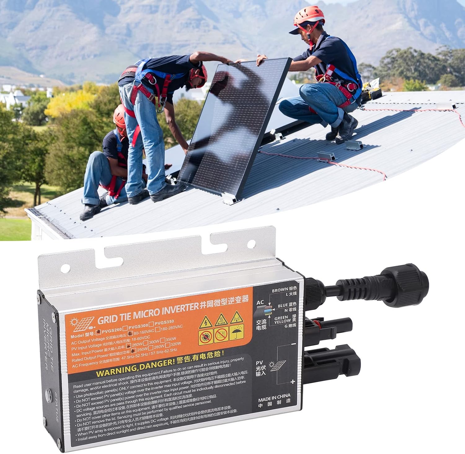 Solar PV Micro Inverter 260W, 18-60V to 120V 230V Grid-Tie Inverter for Home Solar Power System, Compact Aluminum Alloy Microinverter with IP55 Rating