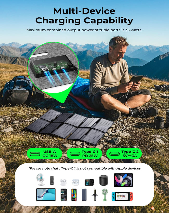 BigBlue Portable 35W Solar Panel Charger with Fast Charging USB-A and PD 25W USB-C for Camping Backpacking, 1.54 lbs, IP68 Waterproof, Folding Solar Phone Charger for iPhone/Android, iPad, Power Bank Main Image