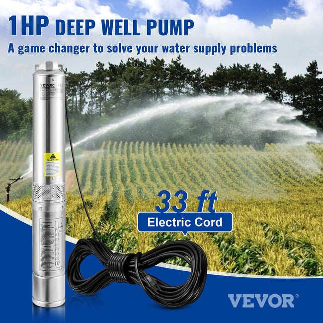 VEVOR Deep Well Submersible Pump, 1HP 115V/60Hz, 37gpm Flow 207ft Head, with 33ft Electric Cord, 4" Stainless Steel Water Pump for Industrial, Irrigation&Home Use, IP68 Waterproof Grade Main Image